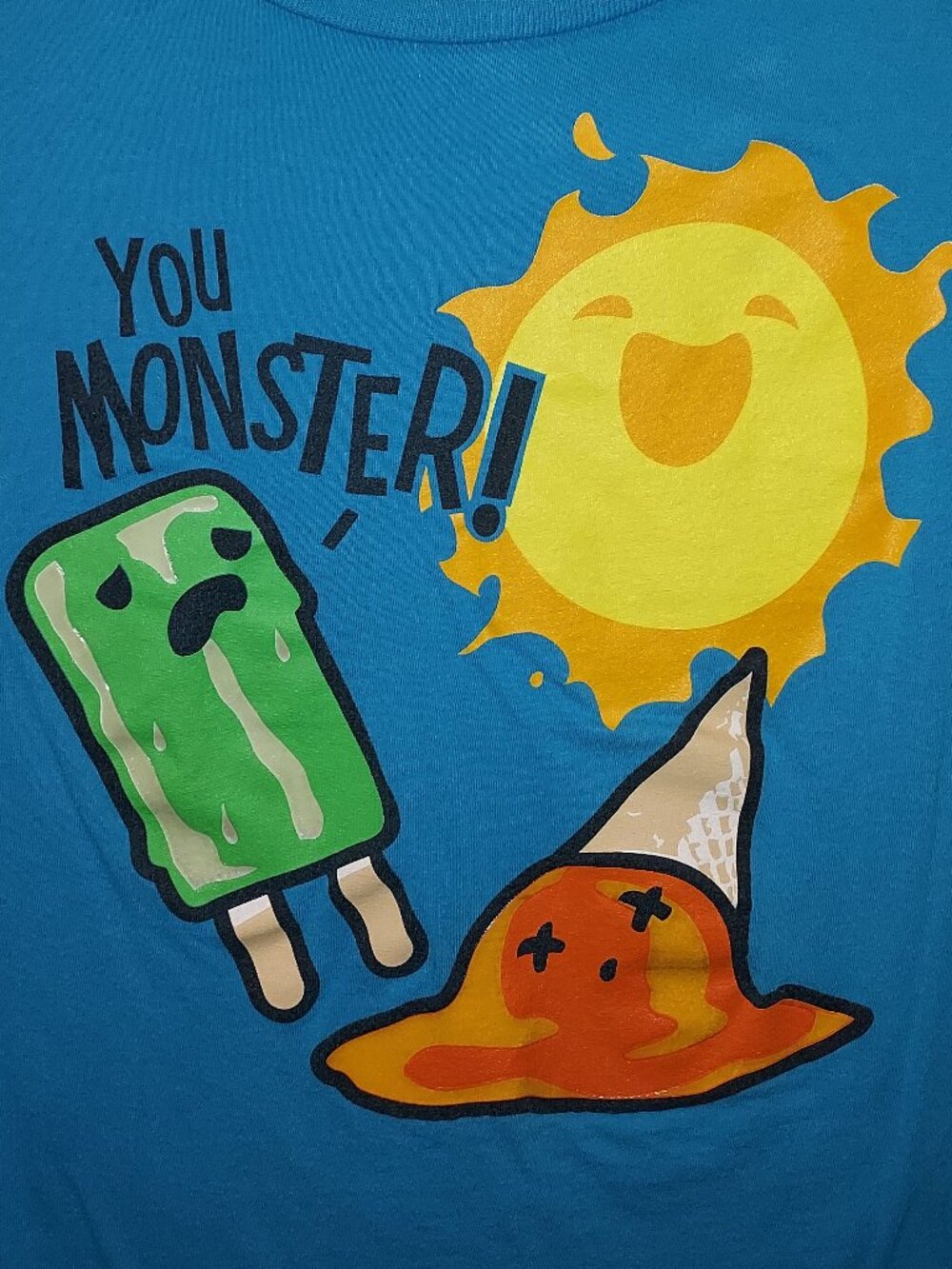 YOU MONSTER! Funny Tee Shirt Turquoise Sun Melting Ice Cream Junior XL Wound Up - Picture 2 of 4